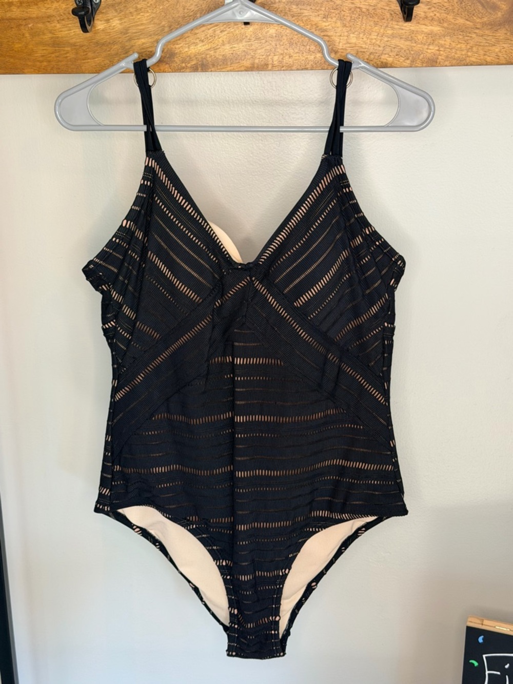 Kona Sol Black Lace-Overlay Swimsuit with Nude Lining